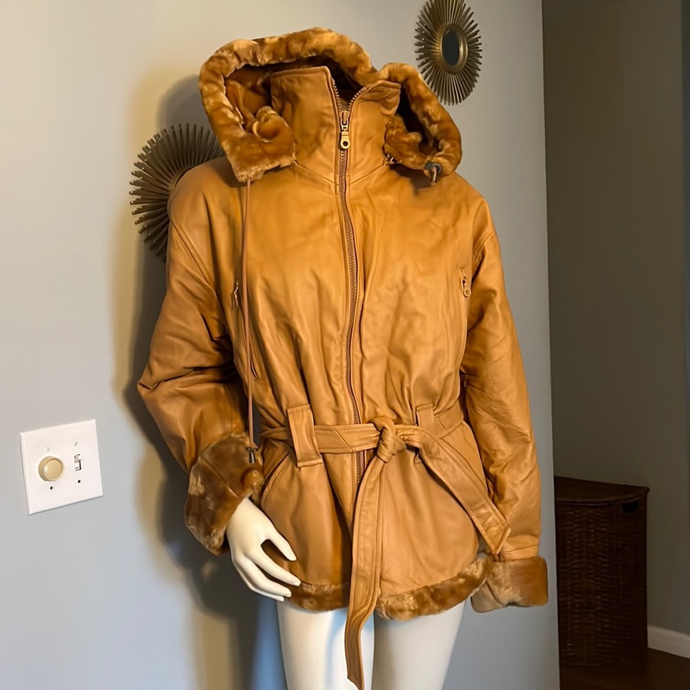 Vintage Wilda Genuine Leather Tan Faux Lined Hooded Coat Women’s Size XL